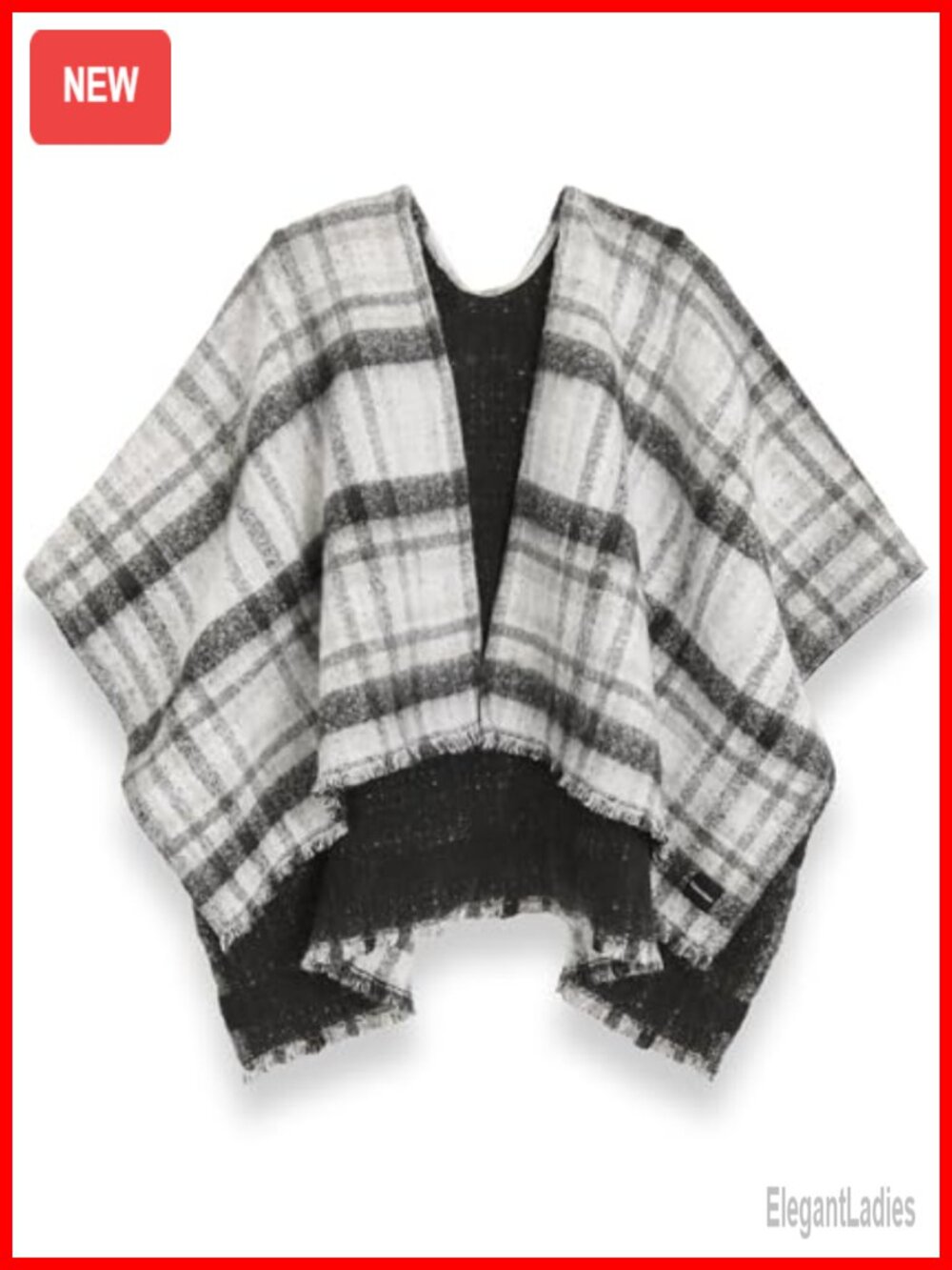 Double Faced Plaid Ruana Shawl 58x50 Eyelash Fringe Wrap